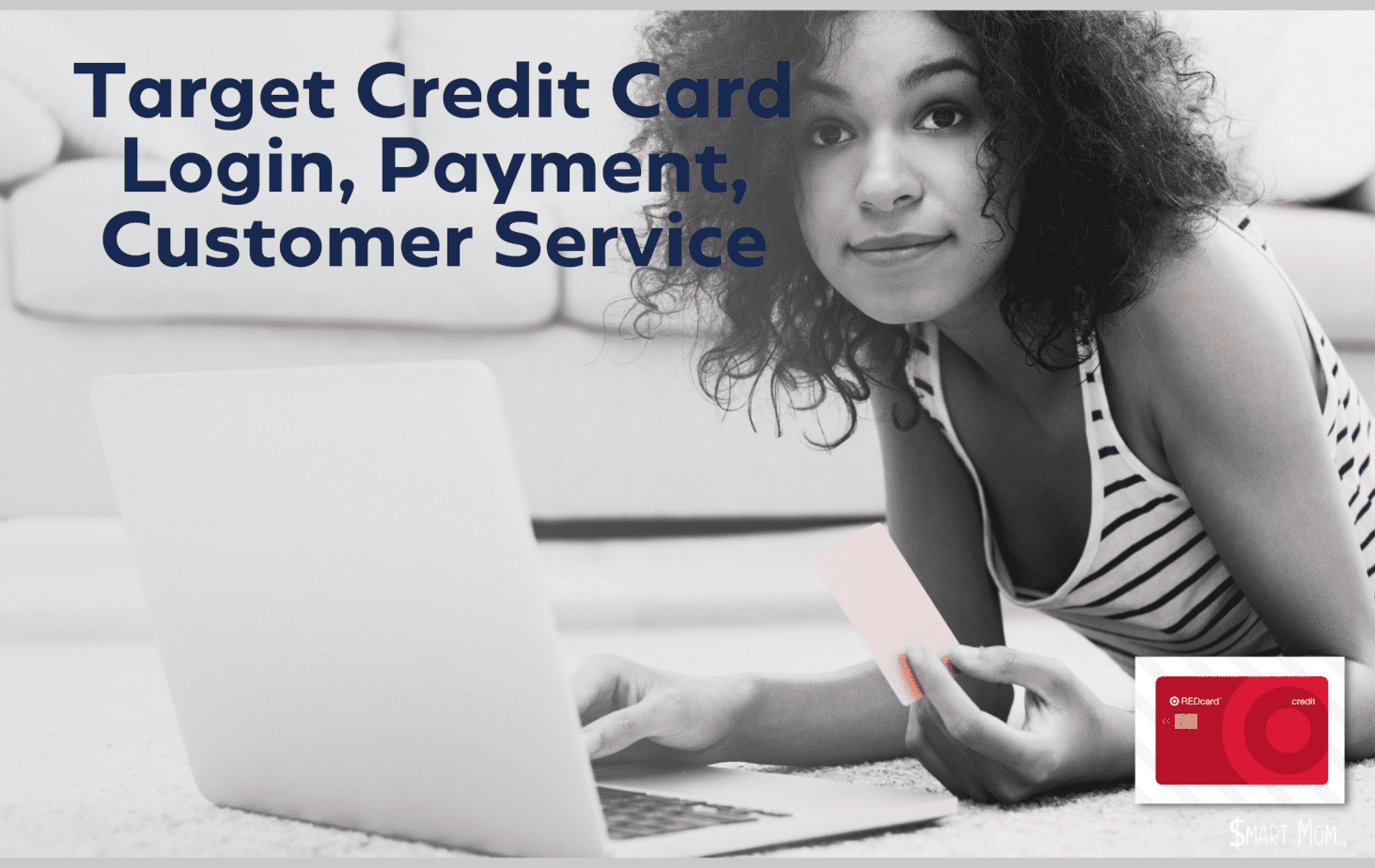 girl holding credit card by computer with text Target Credit Card Login, Payment, Customer Service